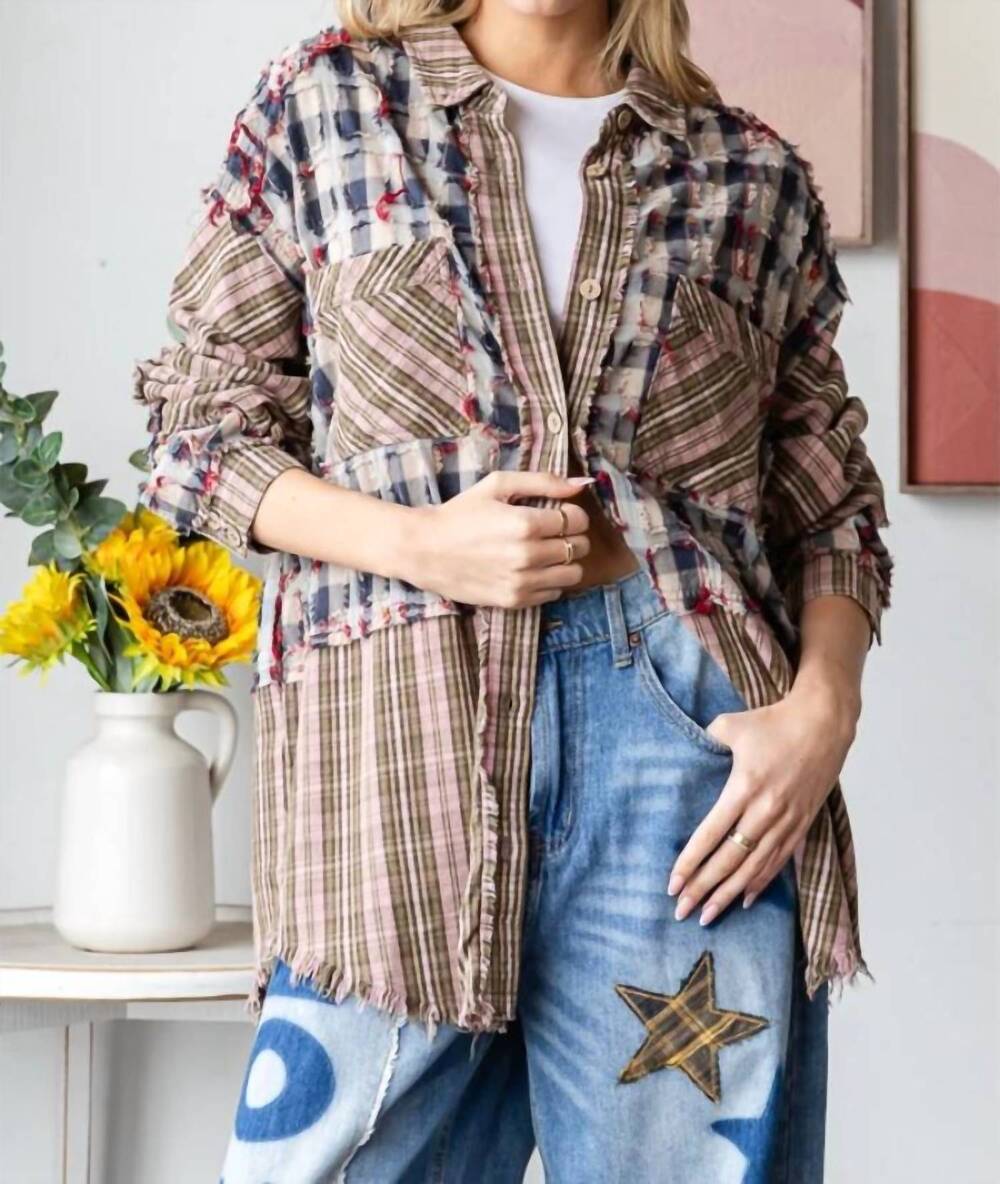 NEW OLI & HALI plaid distressed button down shirt in pink